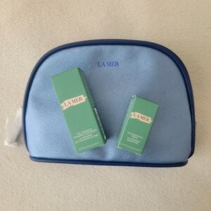 LA MER Blue Cosmetic Bag w/ Foaming Cleanser & The Essential Tonic Miracle Broth
